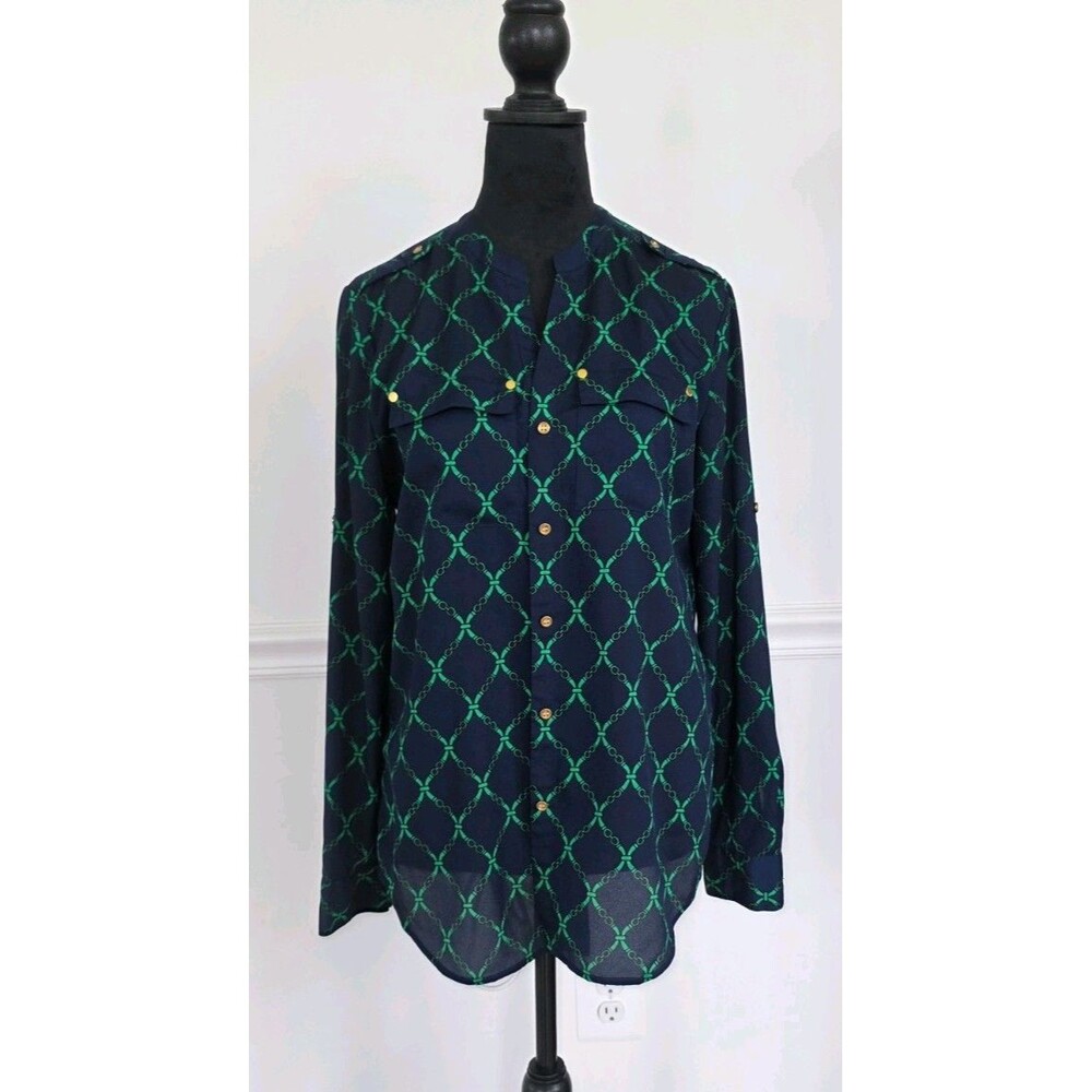 Charter Club Blue Green Chain Links V-Neck Button Front Long Sleeve Tunic Top M